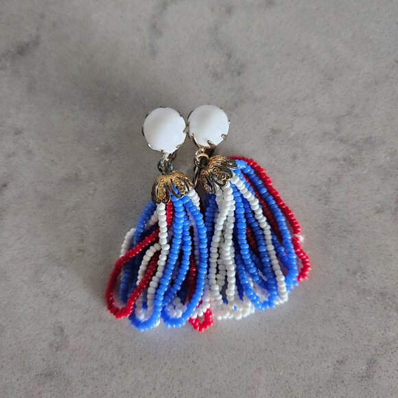 RED, WHITE, AND BLUE BEADED DANGLE CLIP-ON EARRINGS - Picture 4 of 14